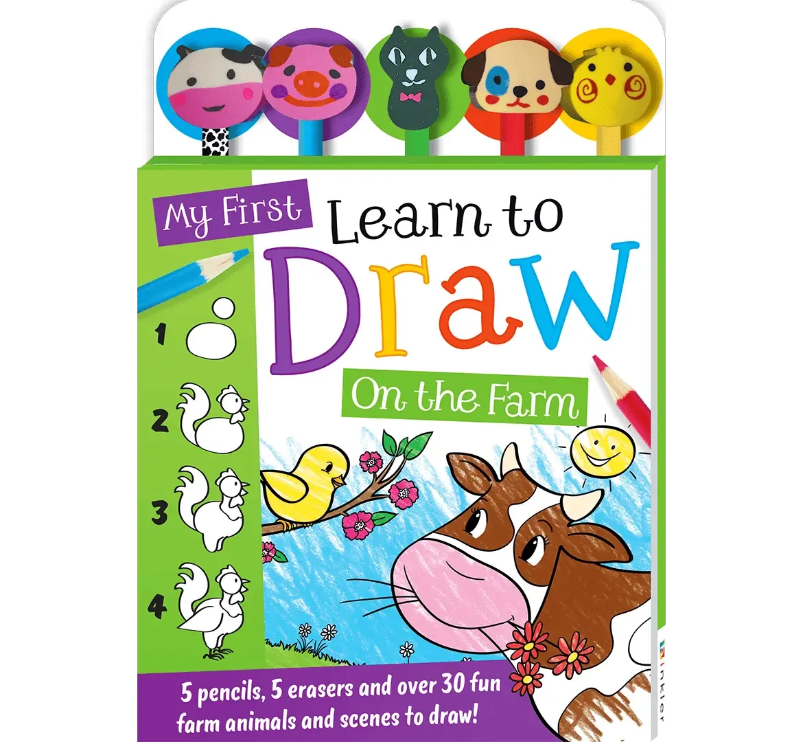 5 Pencil and Eraser Set: My First Learn To Draw On The Farm