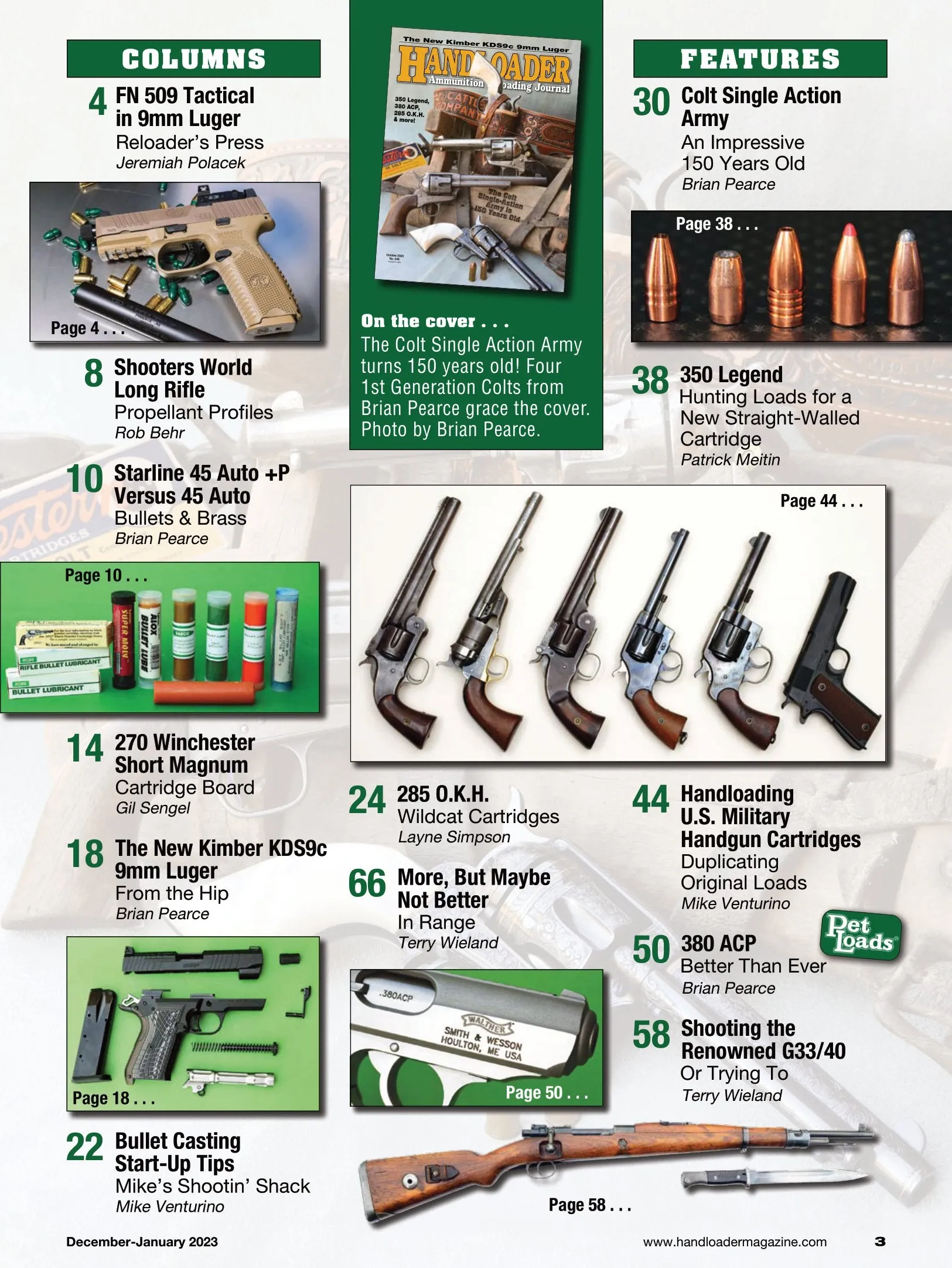 Handloader December 2023 - The Ammunition Reloading Journal: The New Kimber KDS9c 9mm Luger, FN 509, Duplicating Original Loads & Colt Single Action Army