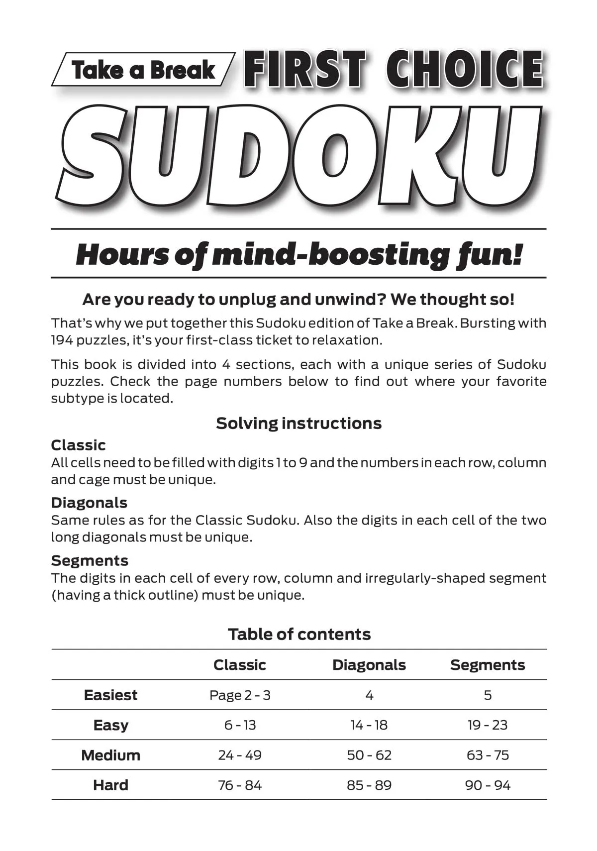 Take a Break - First Choice Sudoku 25.03.07: Large Print, Over 190 Puzzles, Classic, Diagonals, Segment Puzzles & More!