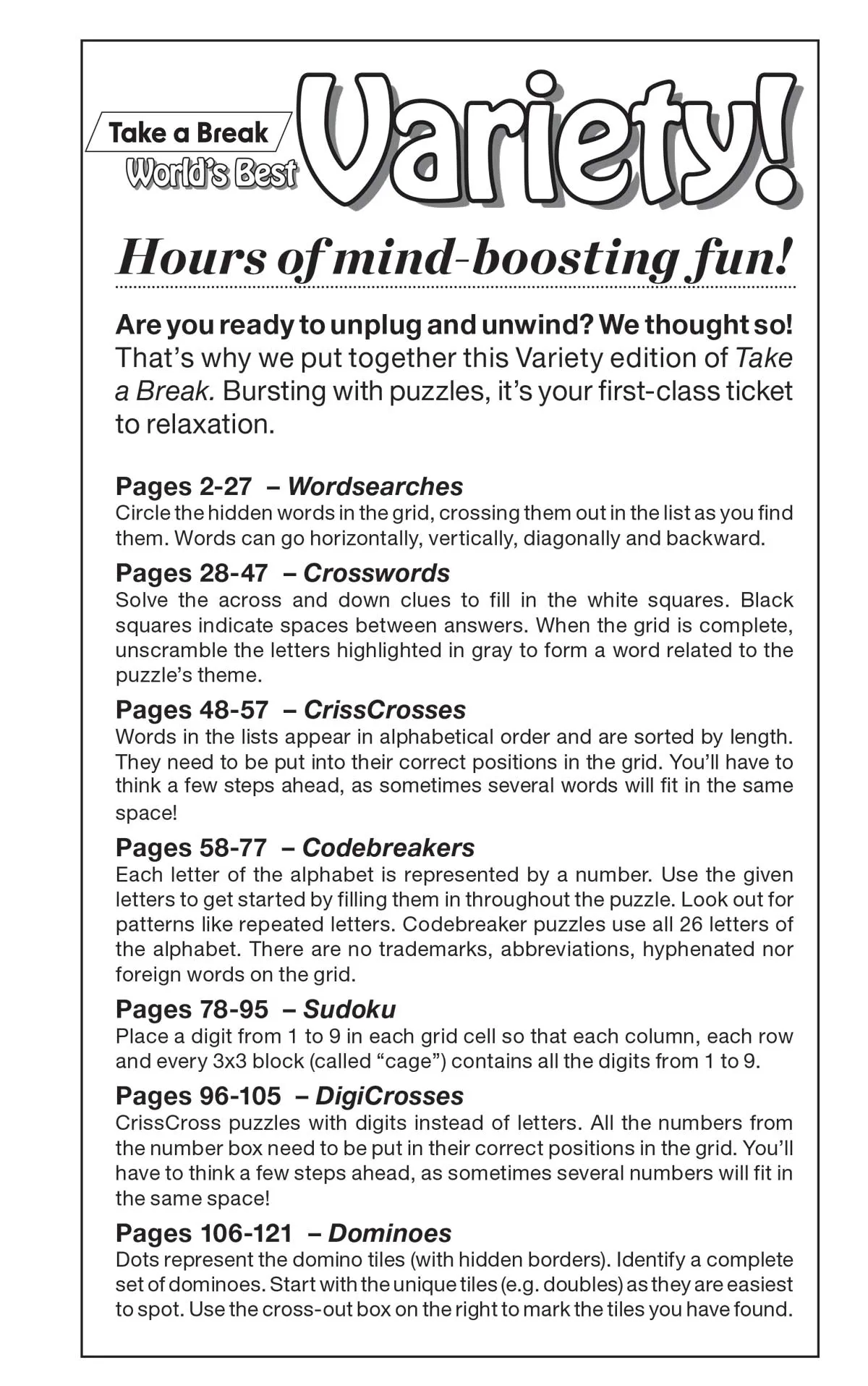 Take a Break - Variety Puzzles (Large Print): 100  Fun Filled Activity Pages, Wordsearch, Crossword, DigiCrosses, Codebreakers, Sudoku, Dominoes, CrissCross, Family Fun, Relax, Unwind, Unplug & Solve!