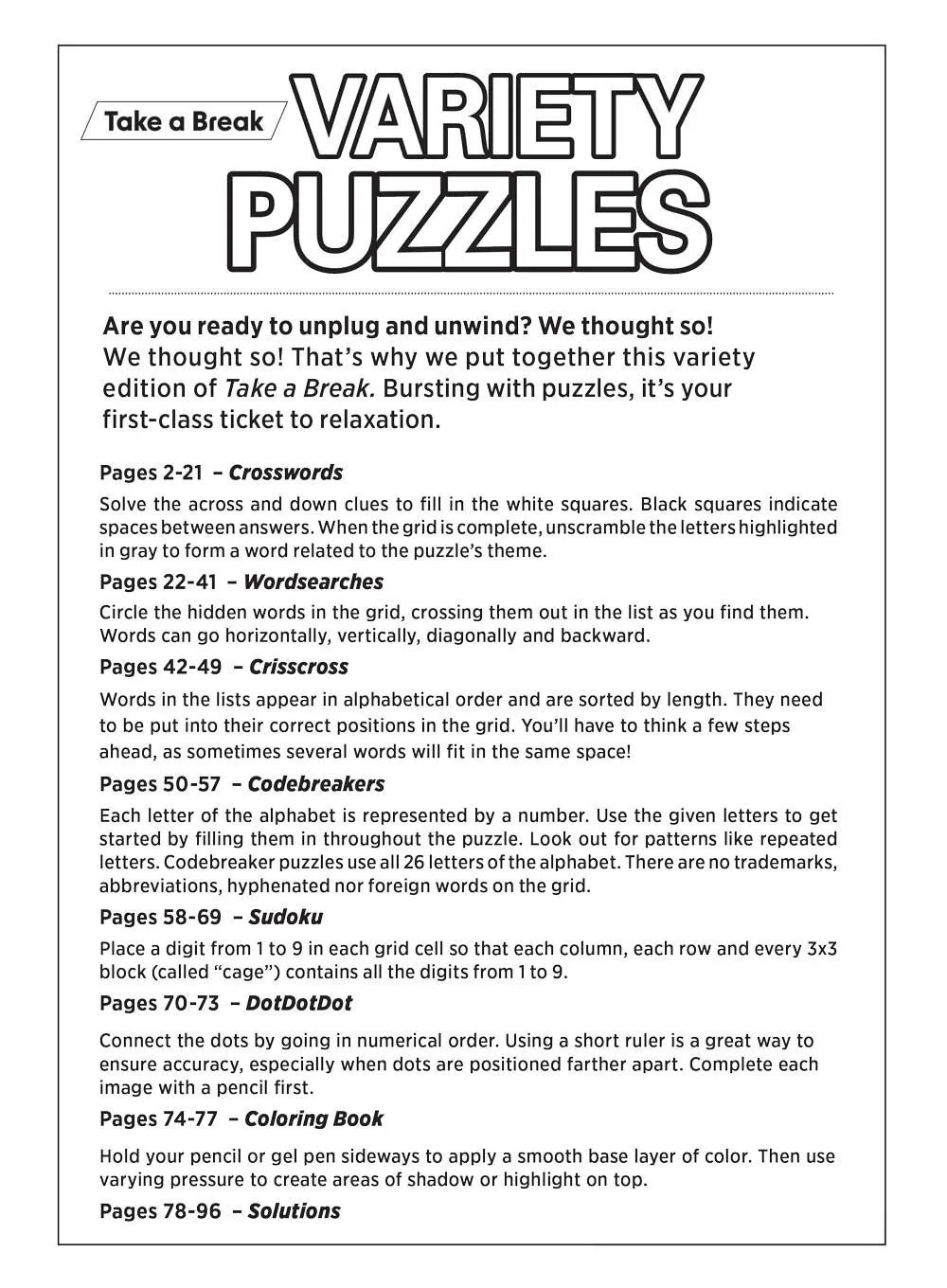 Take a Break - Variety Puzzles (Large Print): 100  Puzzles, Adult Activity Book, Easy & Fun, Sudoku, Word Search, Crossword, Dot-To-Dot, Coloring, CrissCross, Relax, Unwind, Unplug, De-Stress & Solve!