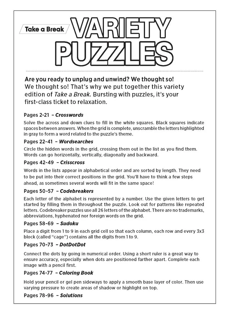 Variety Puzzles 240504 Large Print - Unplug and Unwind! Adult Activity Book: 100  Puzzles, Easy & Fun, Sudoku, Word Search, Crossword, Dot-To-Dot, Coloring Book, CrissCross, Codebreakers & Solve!