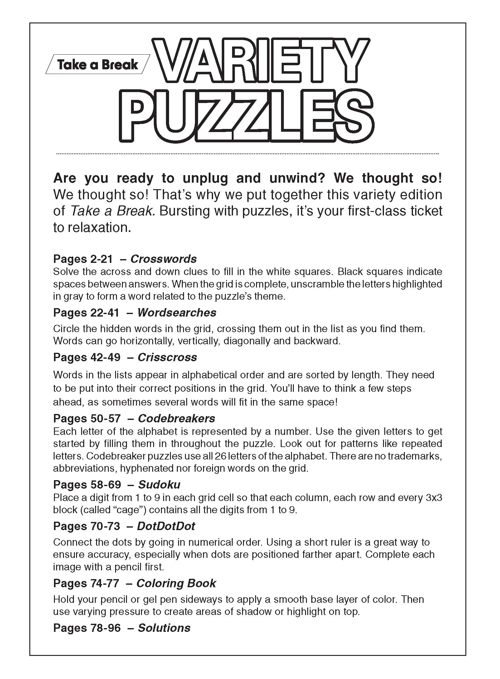 Variety Puzzles Large Print - Vo. 1 / Issue 2: Unplug and Unwind! Adult Activity Book: Easy and Fun with over 100  Puzzles!