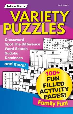 Variety Puzzles Vo. 5 / Issue 1 - 100  Fun Filled Activity Pages: Crossword, Spot The Difference, Word Search, Sudoku, Dominoes, CrissCross, Code Breakers, DigiCross, Family Fun, De-Stress & Unplug!